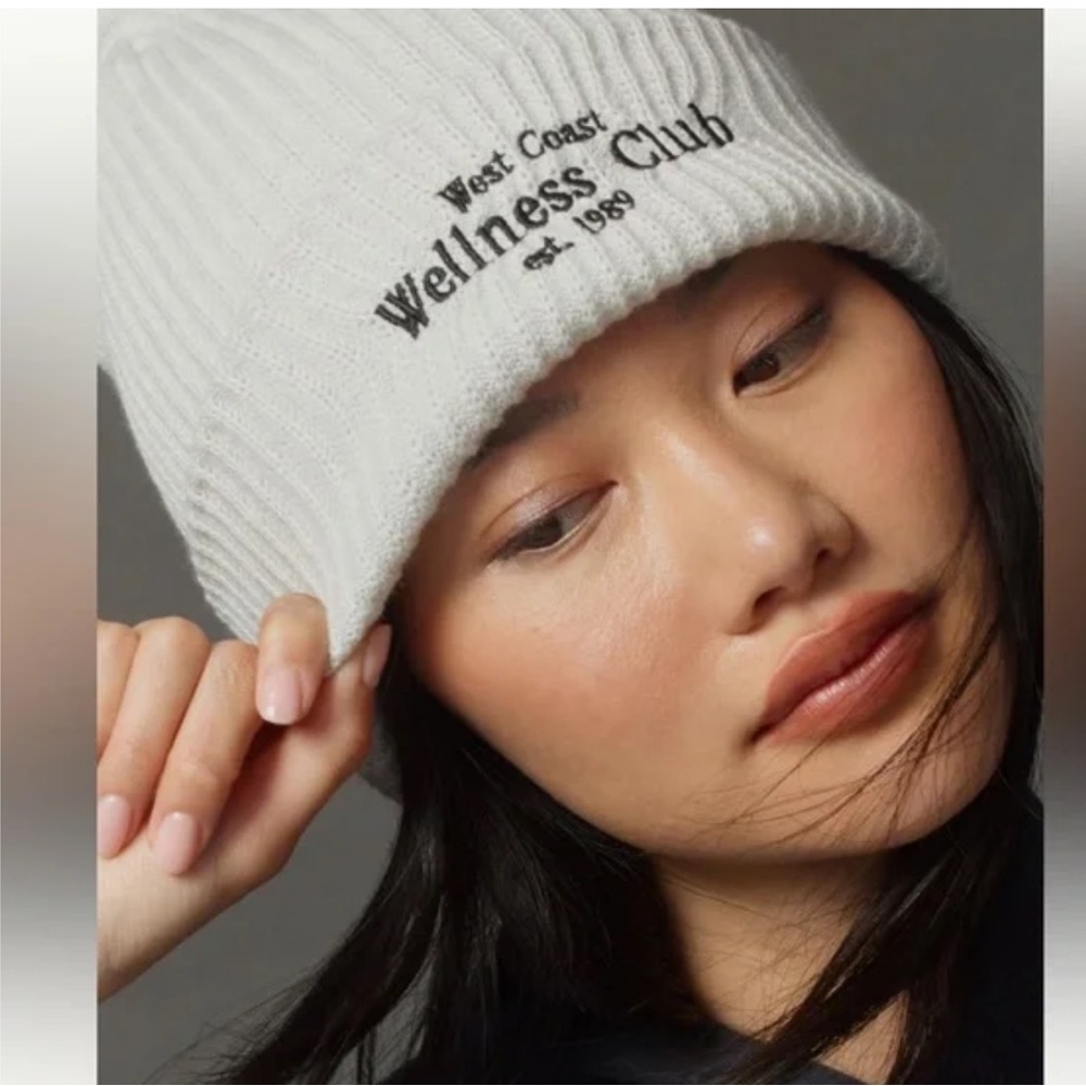 Anthropologie White 'West Coast Wellness Club' Ribbed Beanie